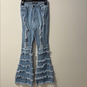 Light Blue Distressed Fringe Flare Jeans